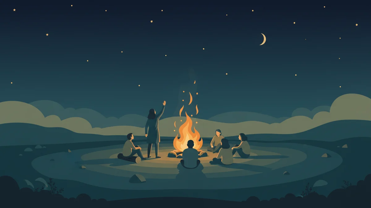 Menschen sitzen nachts um ein Lagerfeuer und hören zu